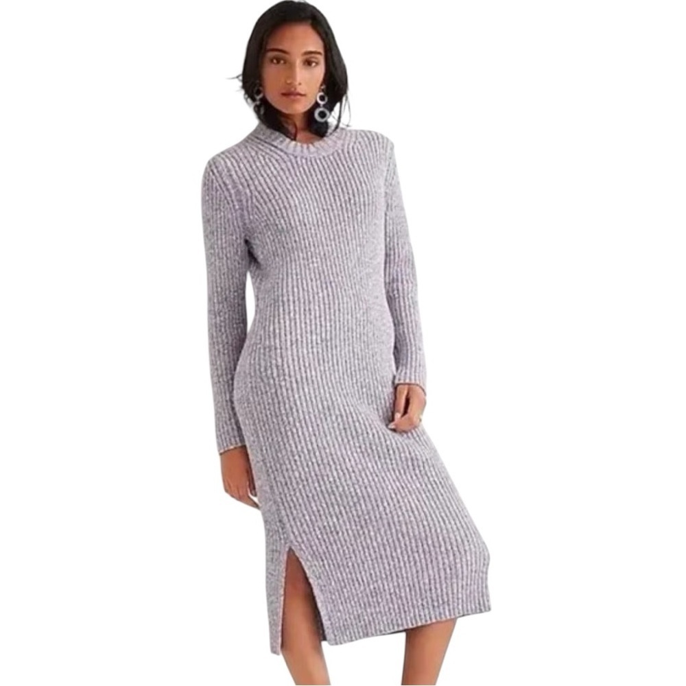 J. Crew Lilac Ivory Ribbed Thick Knit Long-Sleeve Crewneck Midi Sweater Dress XS